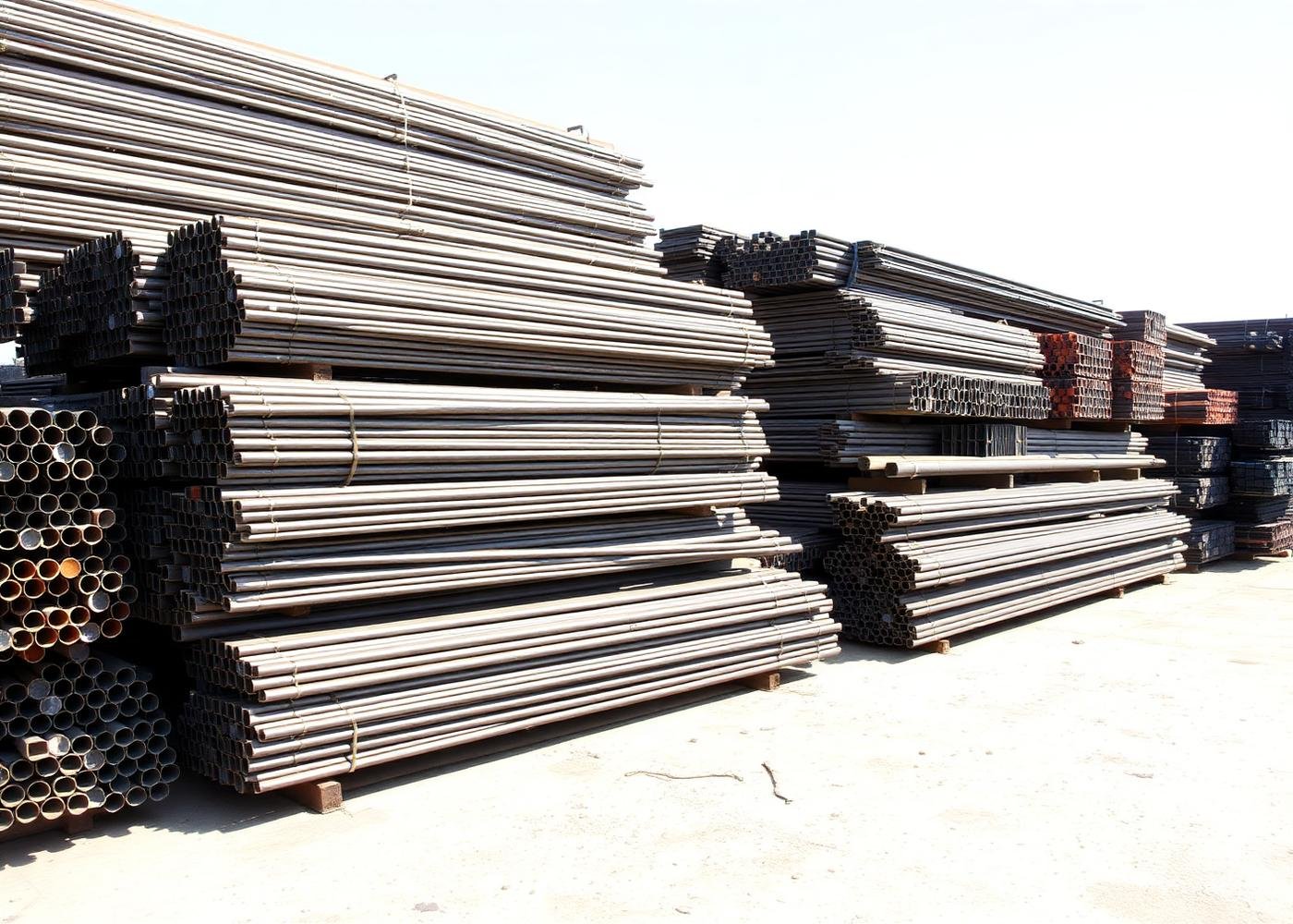 Bundles of steel flat bars in a stockyard