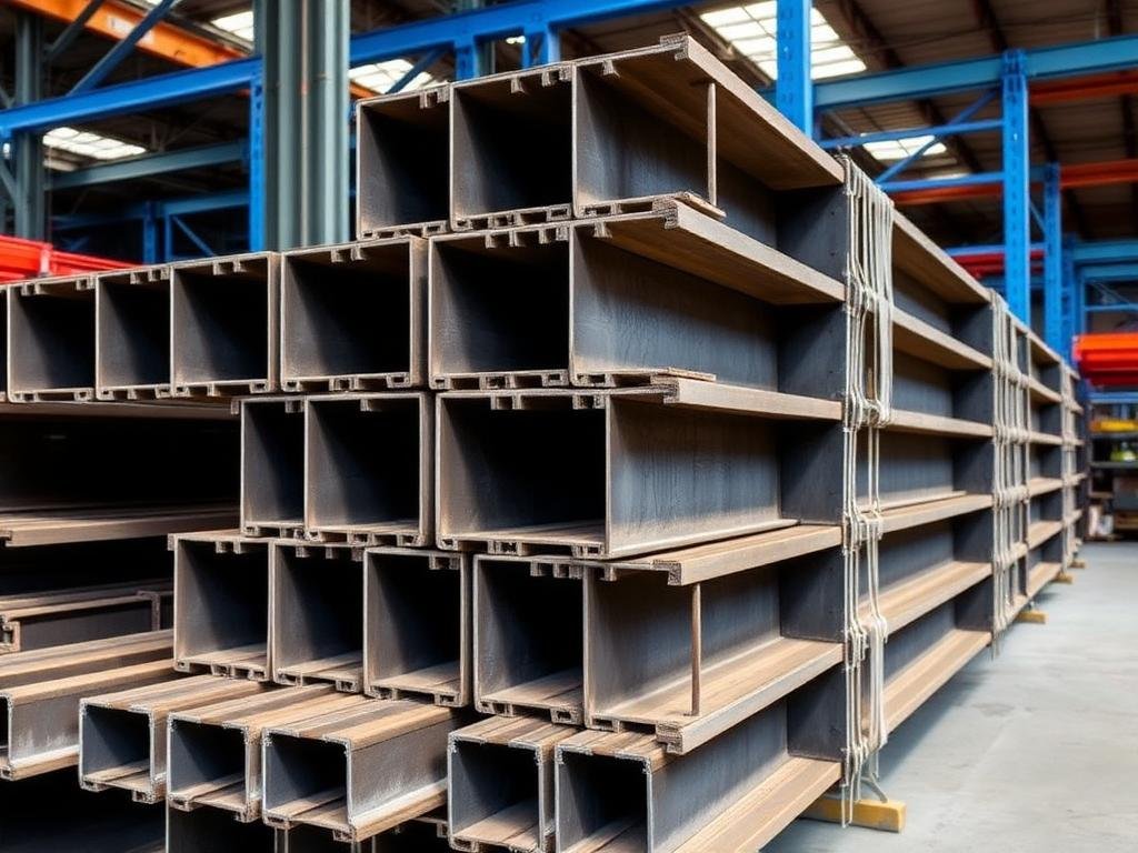 European I Beams (IPE-Section) steel sections stacked in a stockyard
