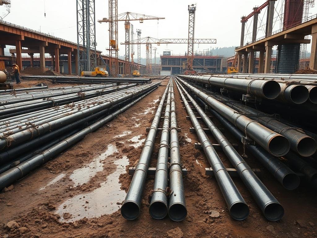 Universal Bearing Piles steel sections stacked in a stockyard