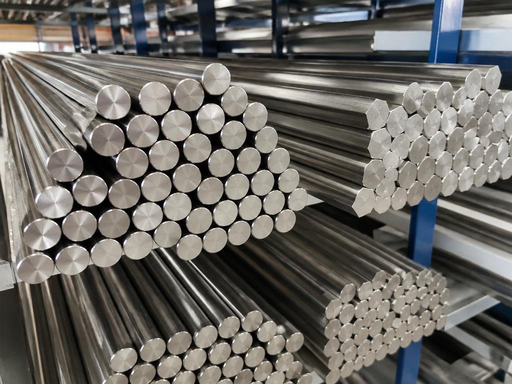Polished prime bright steel bars in a rack