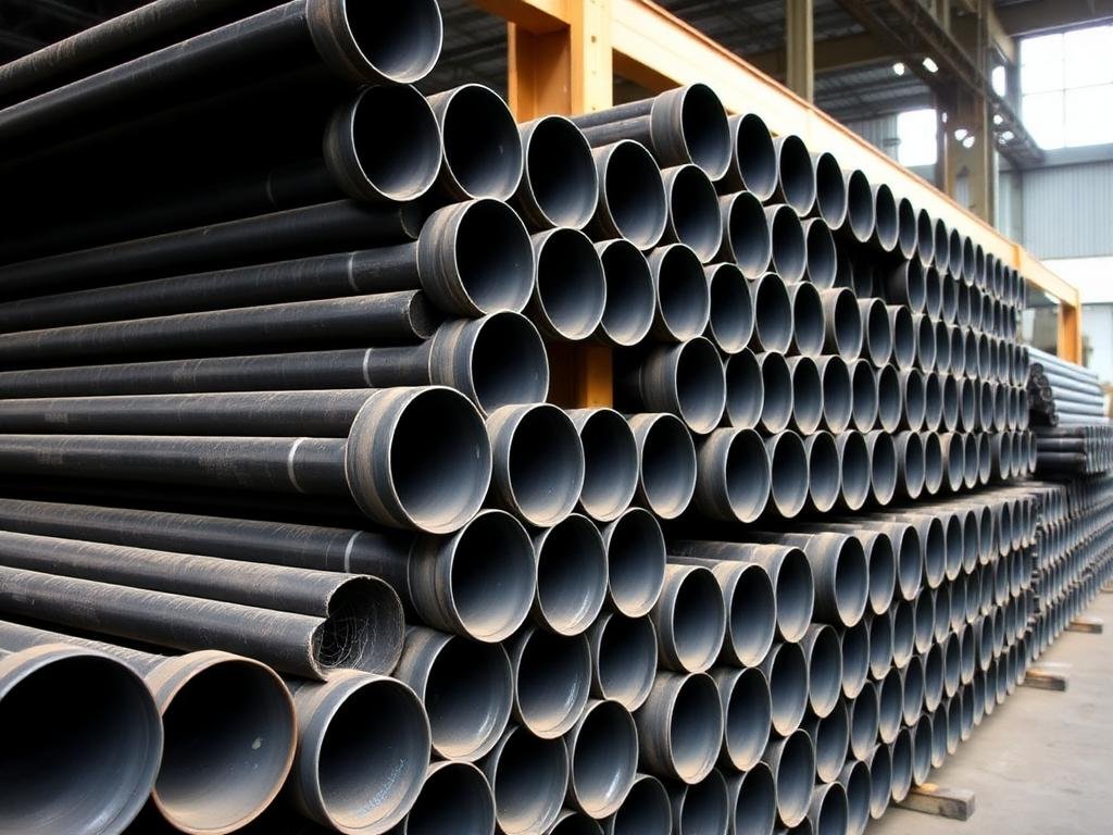 Seamless carbon steel pipes stacked in racks