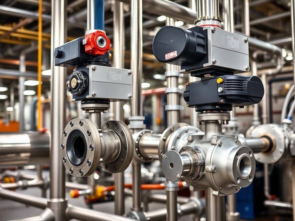 Pneumatic actuated control valves on industrial pipework