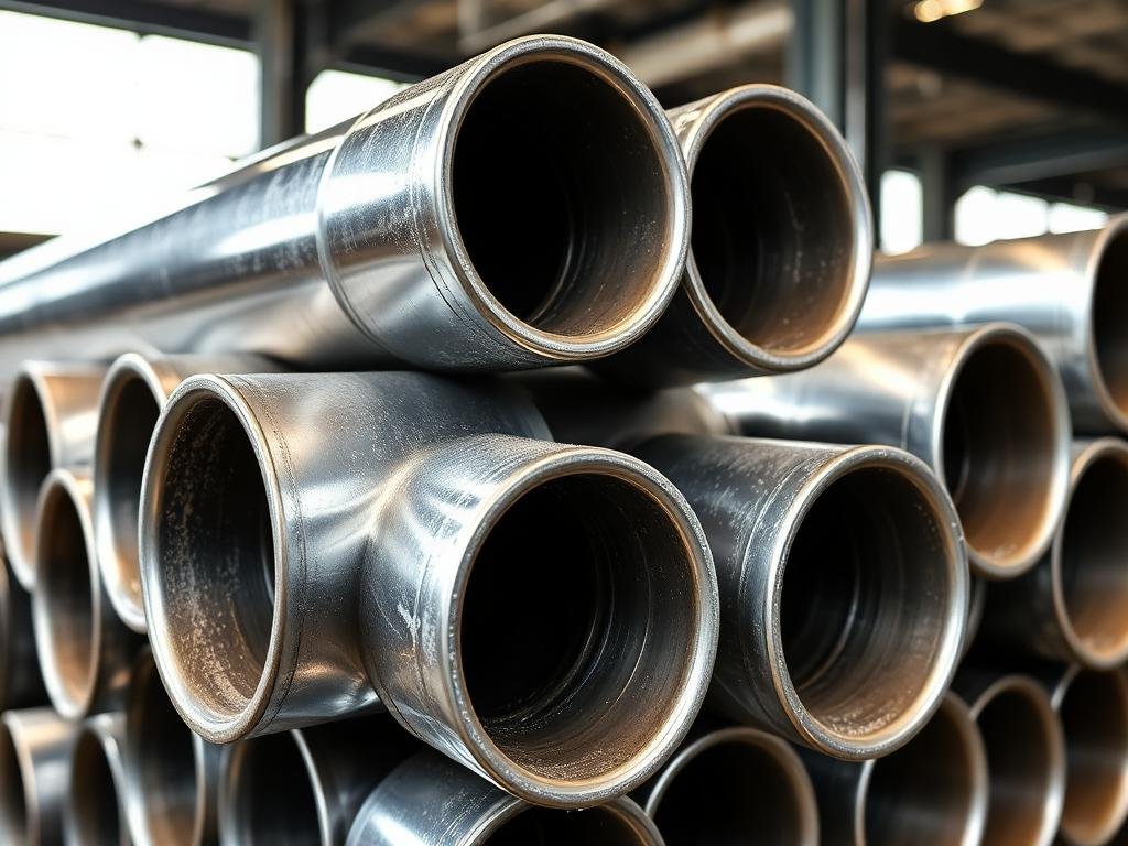Stack of galvanized steel pipes with zinc finish