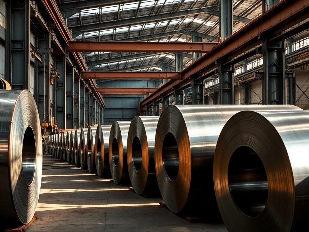 Hot rolled and cold rolled steel coils in a mill warehouse