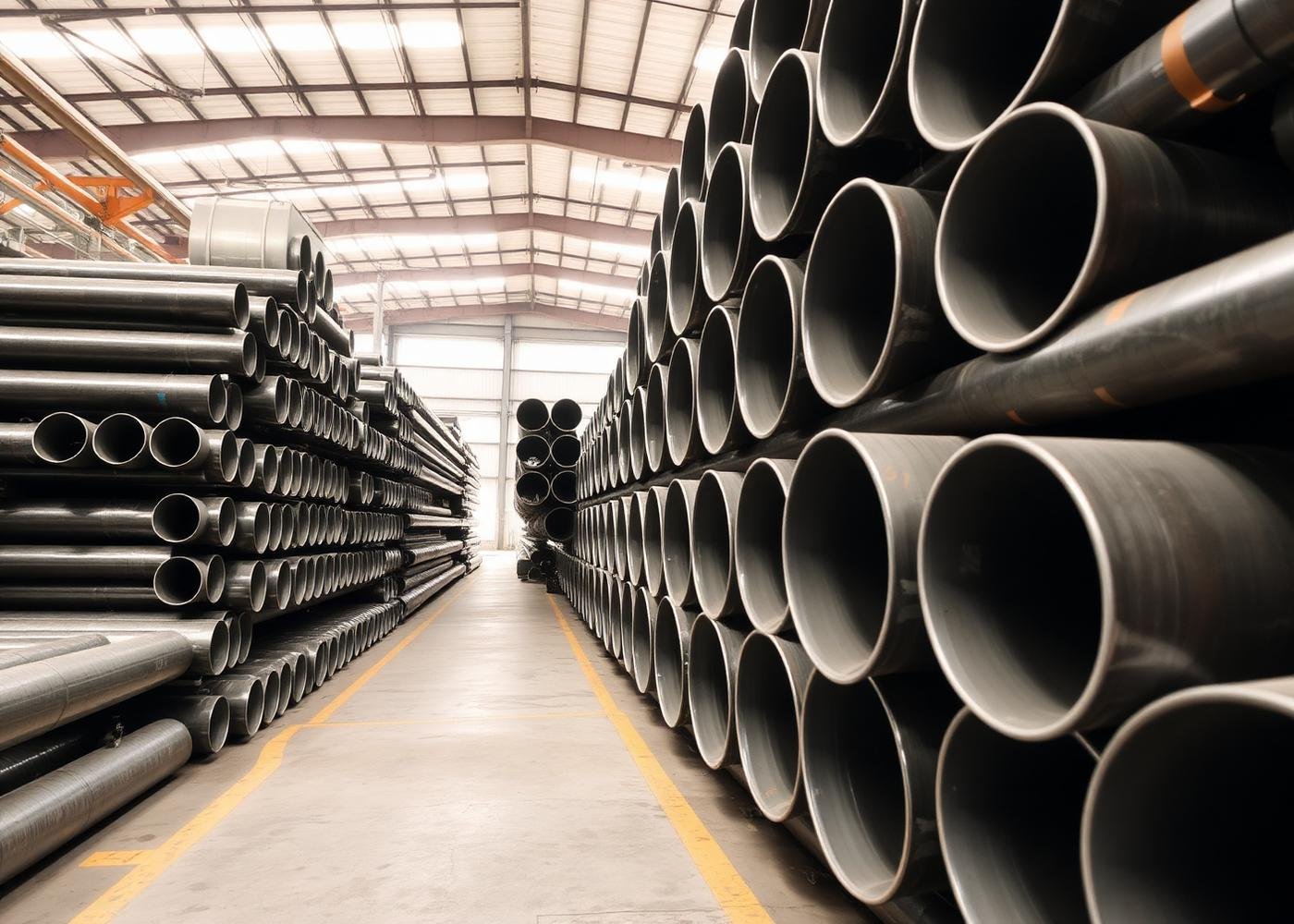 Stacked structural steel pipes in a warehouse